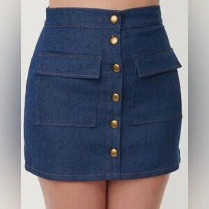 NWT L 10/12 Unique Vintage Blue Denim Front Pocket Button Up Mini Skirt